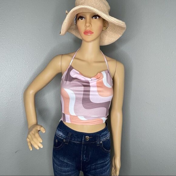 SHEIN Women’s Halter Neck Tie Back Colorblock Crop Top Size XS - Picture 2 of 12